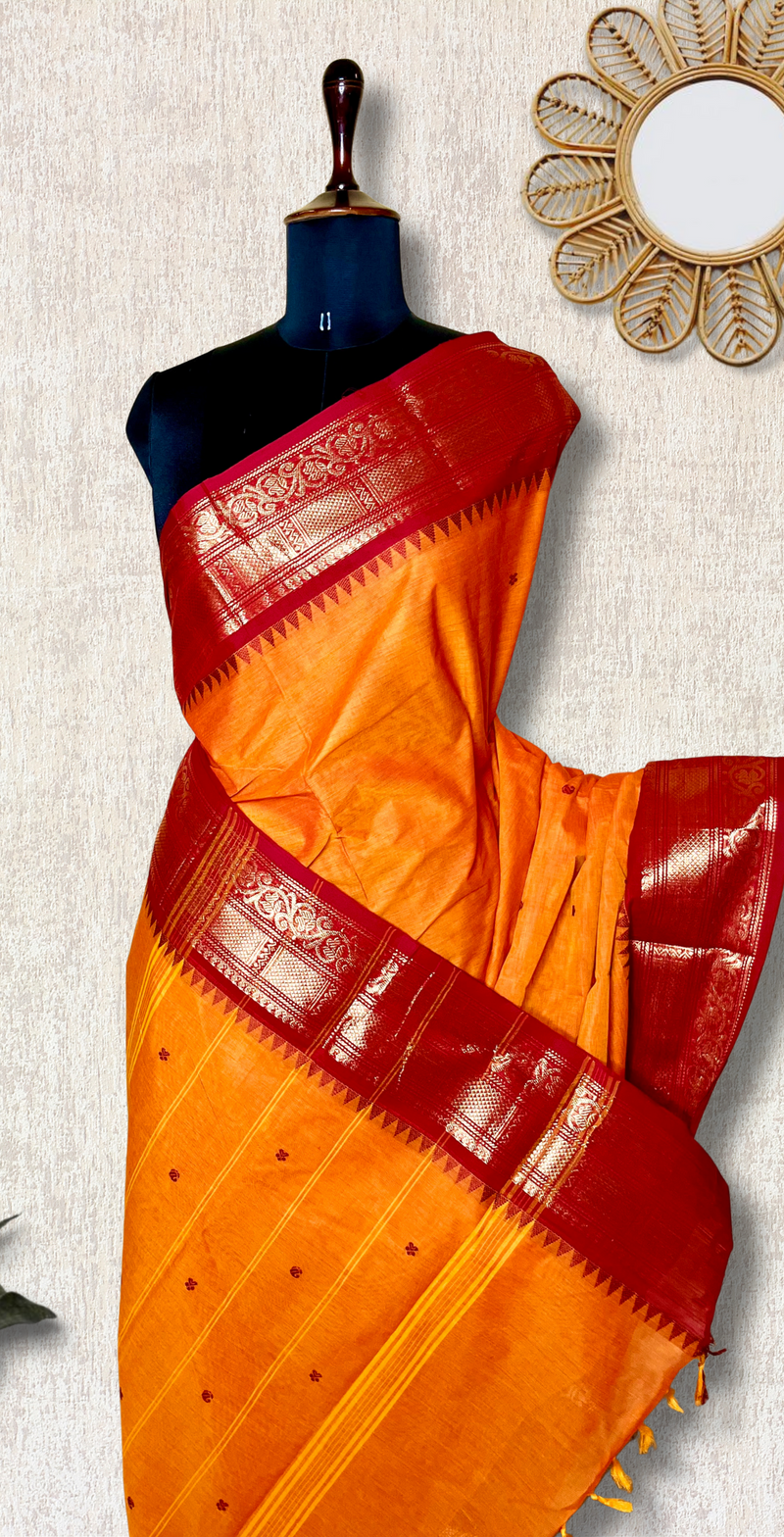 Chettinad Cotton Saree - Pumpkin Orange + Bright Red
