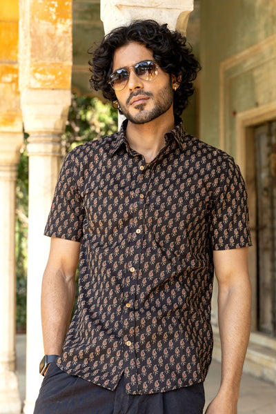 Black Ajrakh Paisley Buti Half Sleeve Shirt