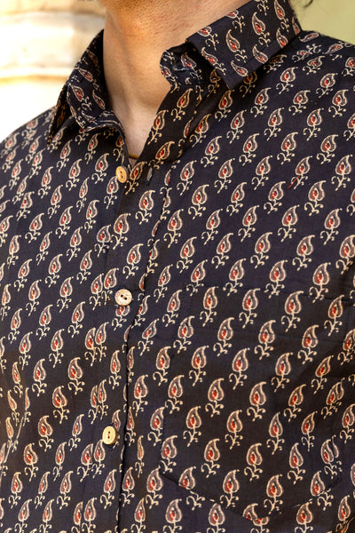 Black Ajrakh Paisley Buti Half Sleeve Shirt