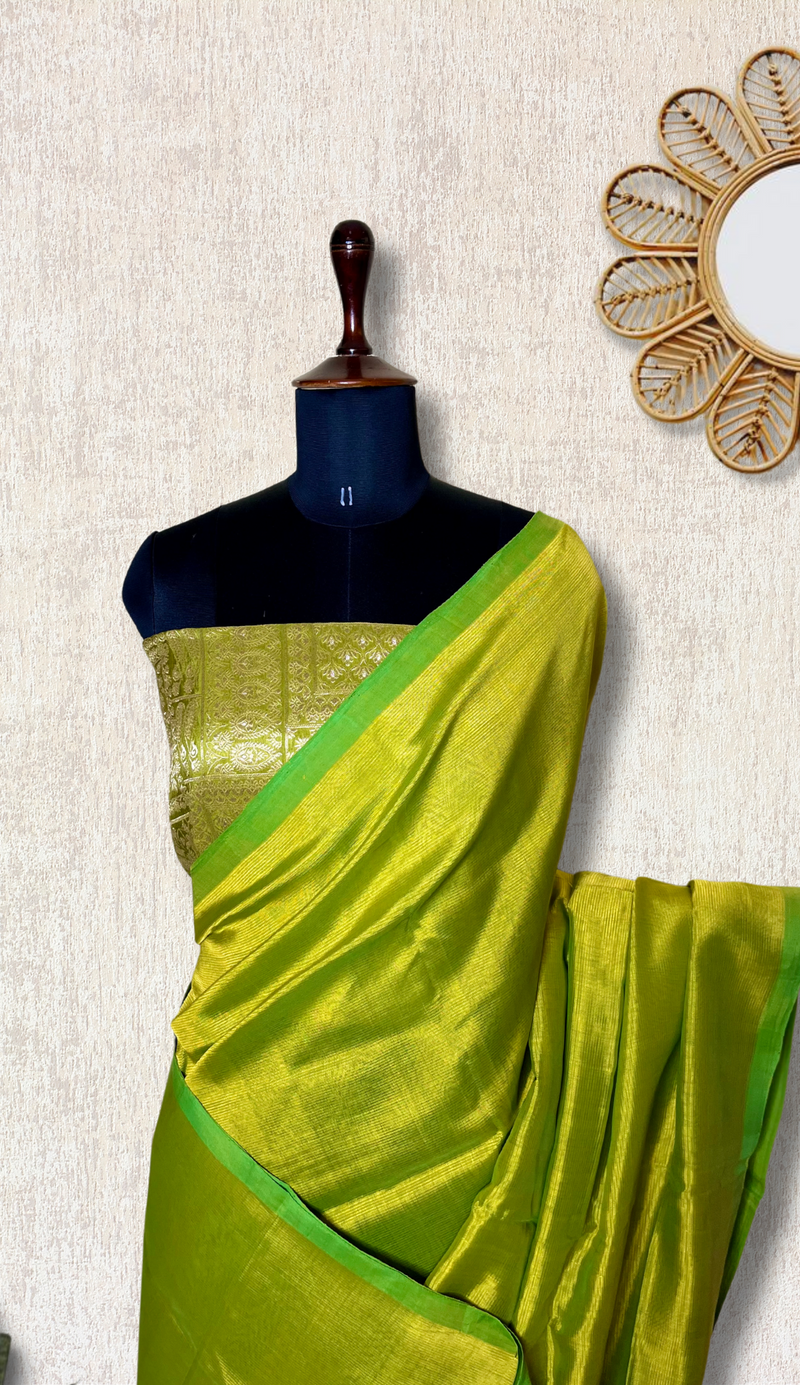 Handwoven silk cotton saree - Bold Green Yellow