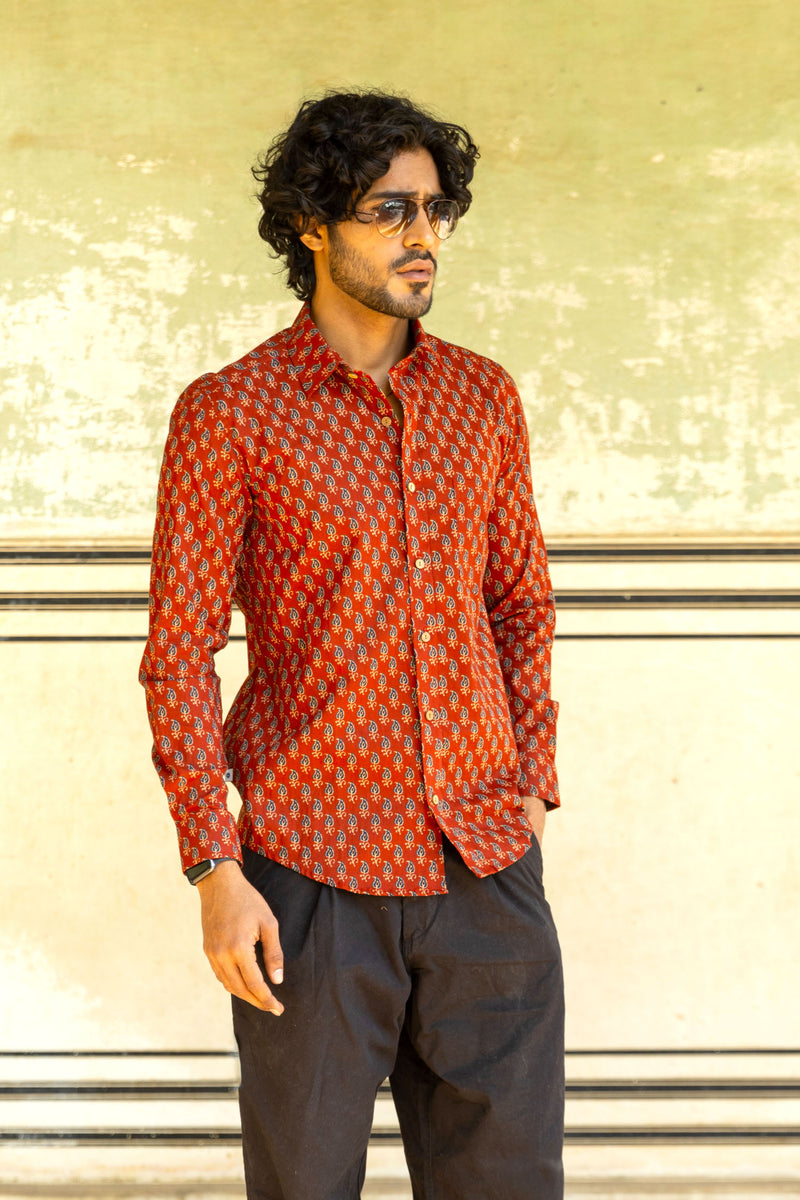 Red Ajrakh Paisley Buti Full Sleeve Shirt