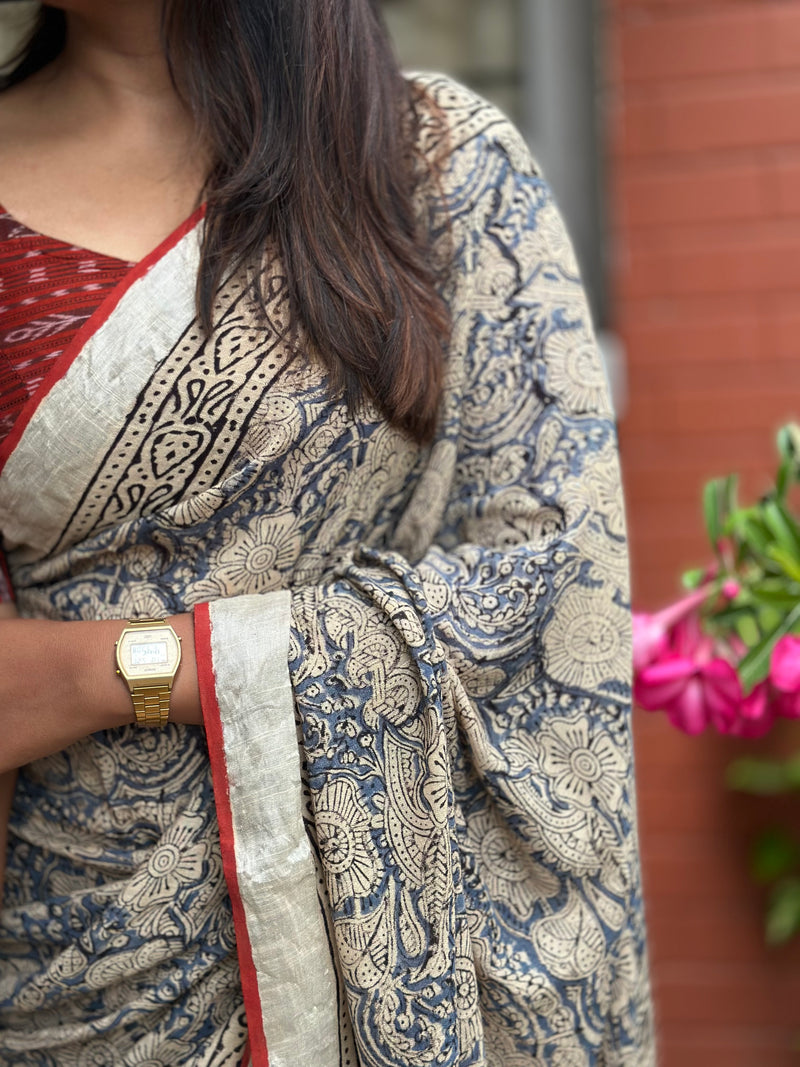EXP - Kanmani blue floral linen saree