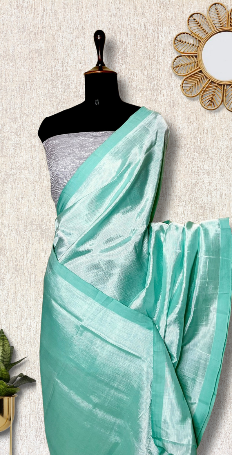 Handwoven silk cotton saree - Pale Turquoise + Tissue Grey