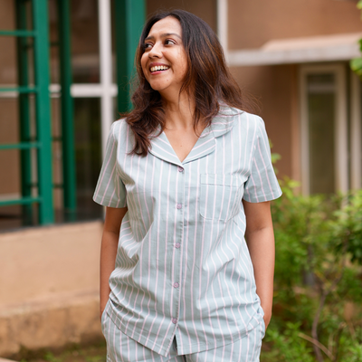 GREEN-WHITE STRIPED COTTON PYJAMAS