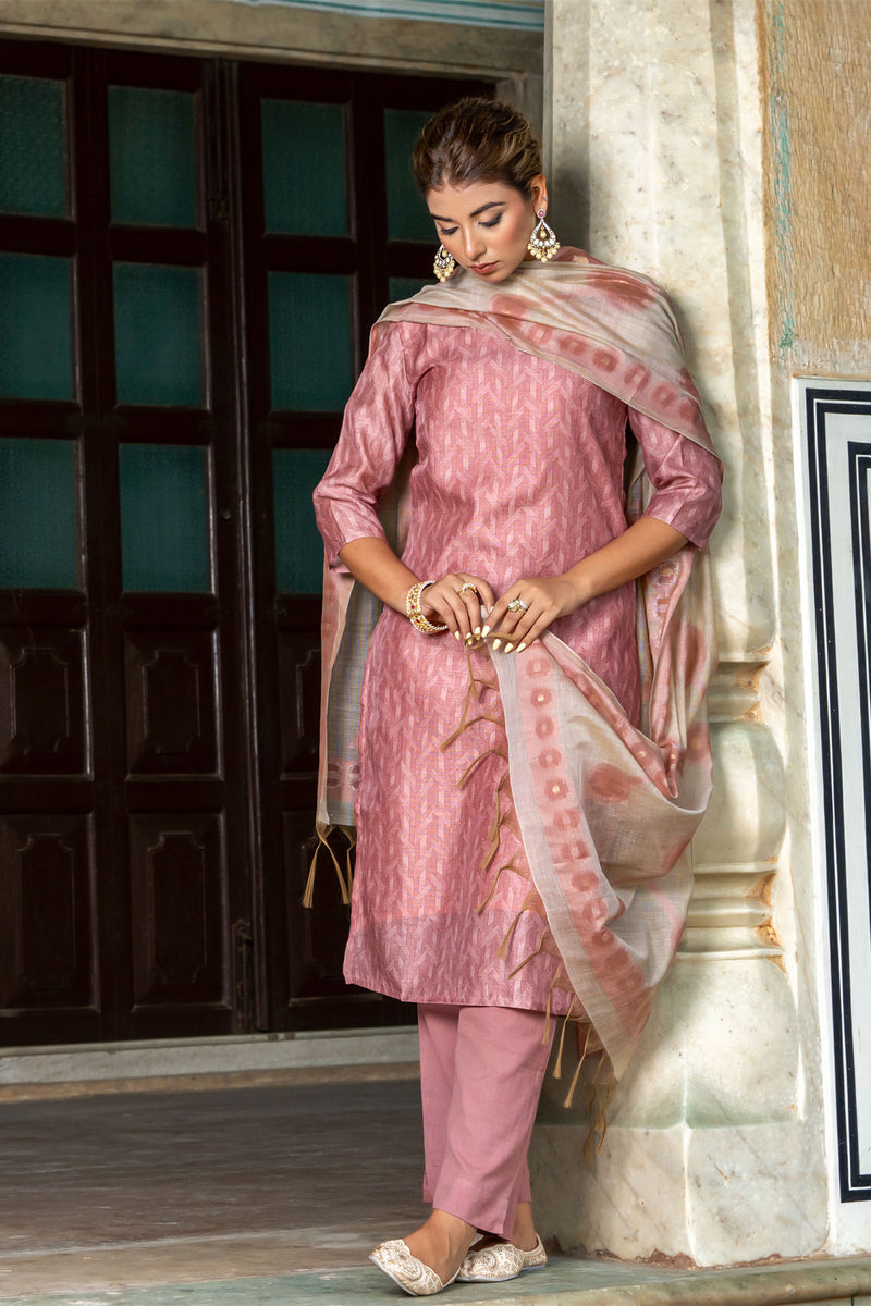 Pastel Red Diamond Chanderi Kurta Set