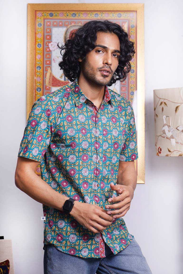 Turquoise Floral Persian Print Shirt