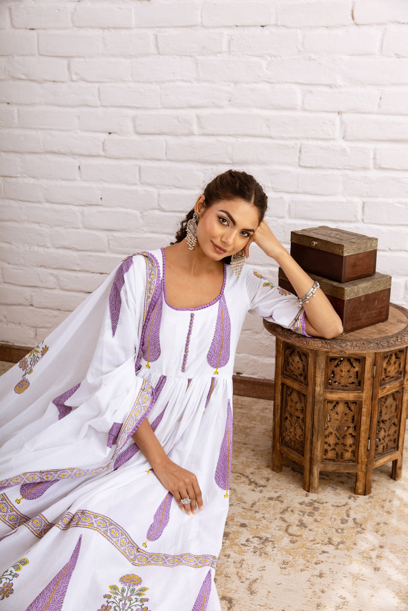 Haseena Purple Hand Block Anarkali Set