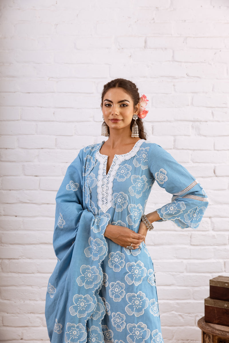 Zoori Turquoise Embroidery Kurta Set