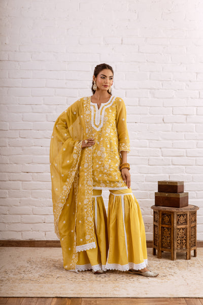 Zoori Mustard Kota Doriya Embroidery Gharara Set