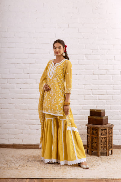 Zoori Mustard Kota Doriya Embroidery Gharara Set