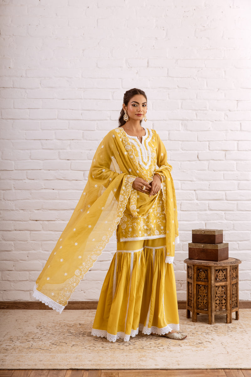 Zoori Mustard Kota Doriya Embroidery Gharara Set