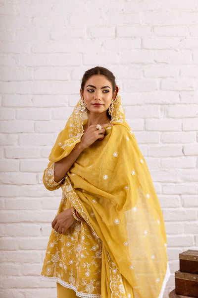 Zoori Mustard Kota Doriya Embroidery Gharara Set