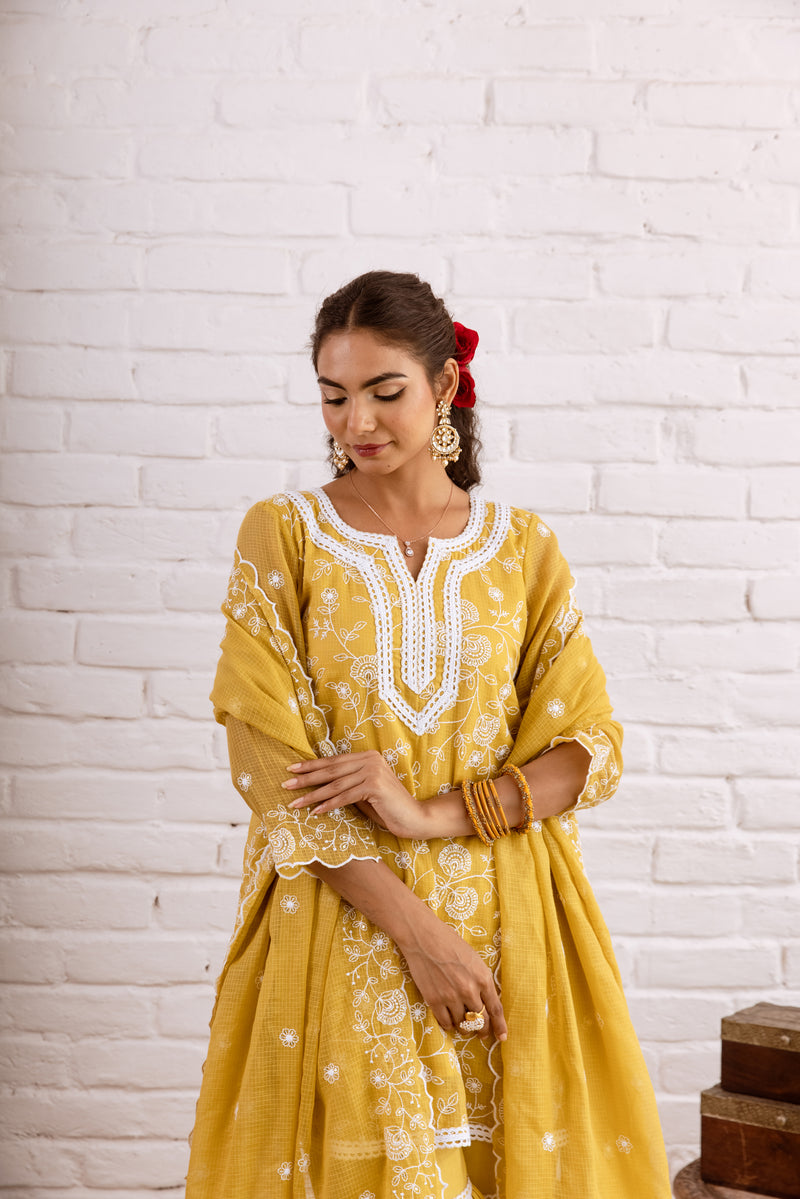 Zoori Mustard Kota Doriya Embroidery Gharara Set