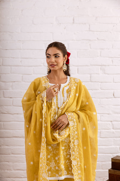 Zoori Mustard Kota Doriya Embroidery Gharara Set