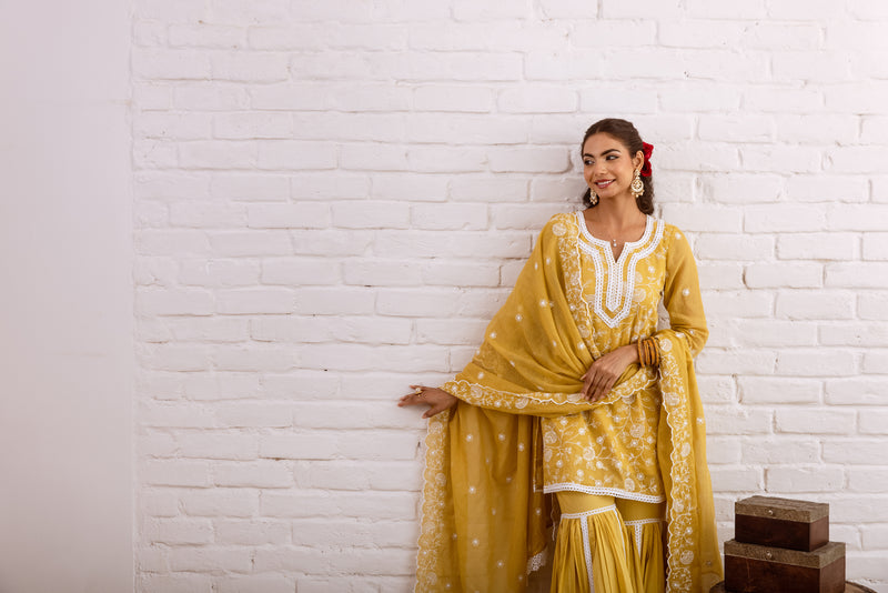 Zoori Mustard Kota Doriya Embroidery Gharara Set