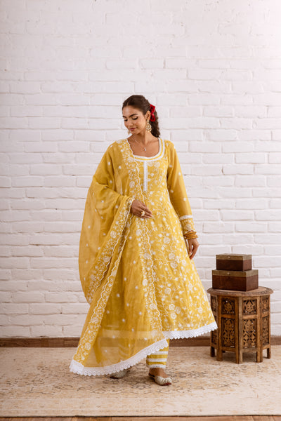 Zoori Mustard Yellow Kota Doriya Embroidery Anarkali Set