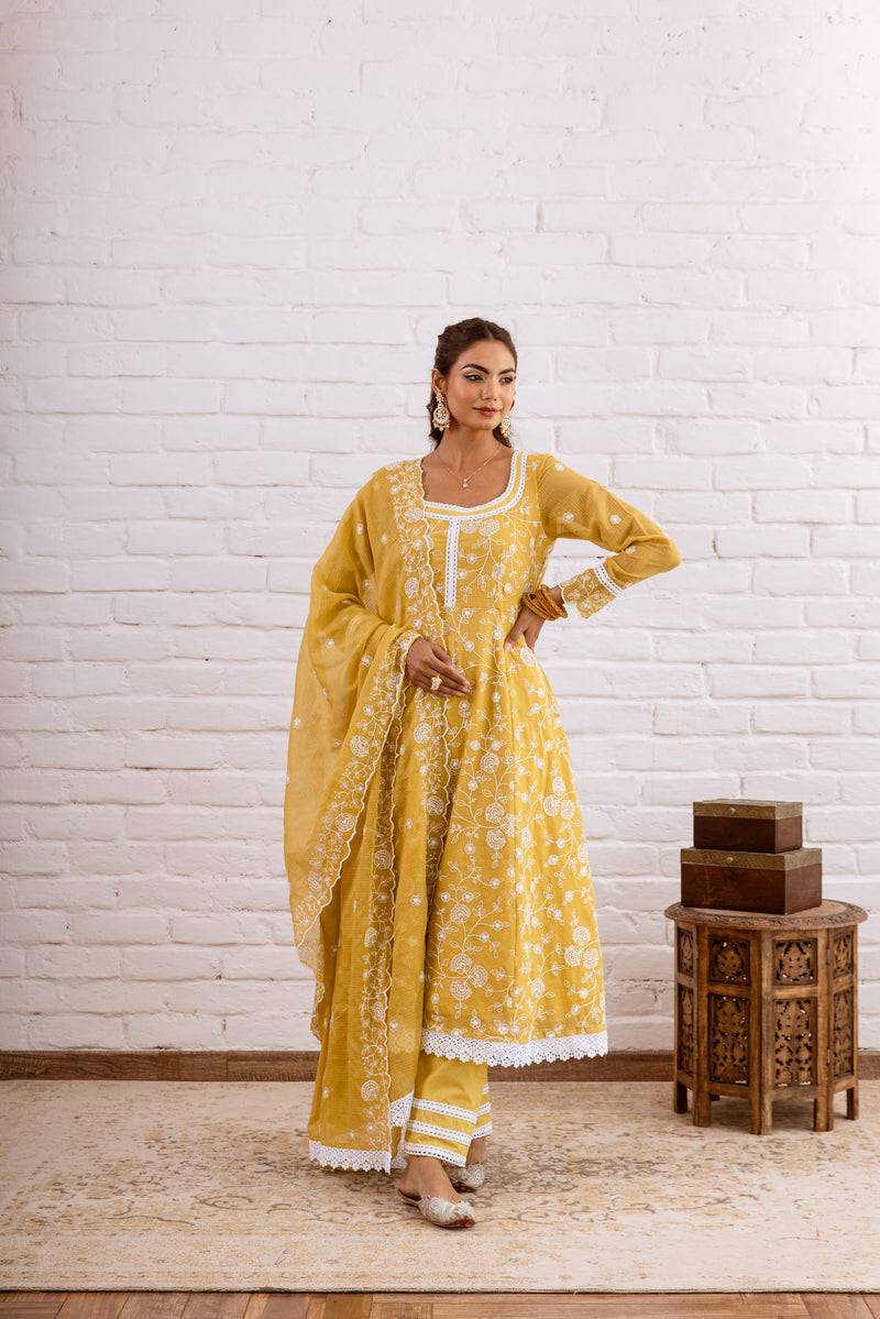 Zoori Mustard Yellow Kota Doriya Embroidery Anarkali Set