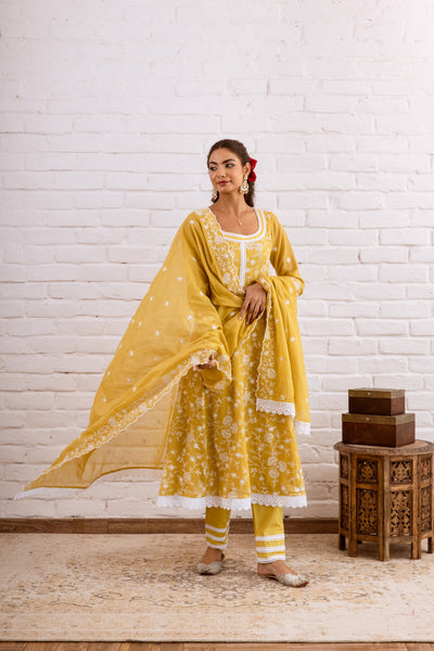 Zoori Mustard Yellow Kota Doriya Embroidery Anarkali Set