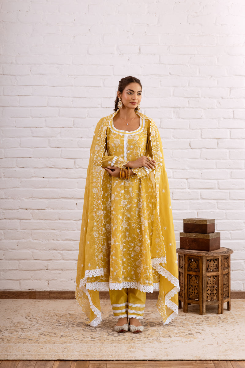 Zoori Mustard Yellow Kota Doriya Embroidery Anarkali Set