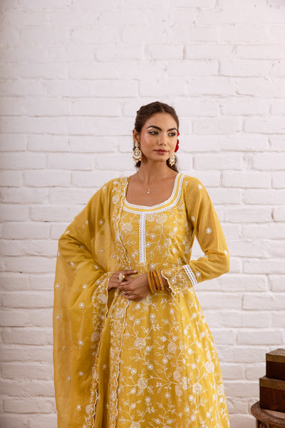 Zoori Mustard Yellow Kota Doriya Embroidery Anarkali Set