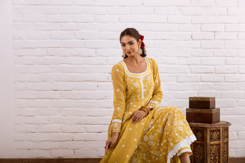 Zoori Mustard Yellow Kota Doriya Embroidery Anarkali Set