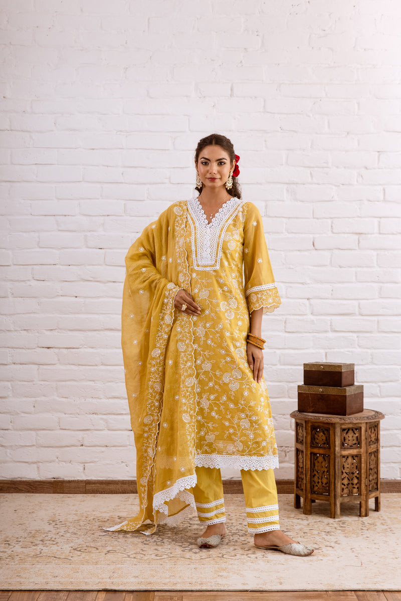 Zoori Mustard Yellow Kota Doriya Embroidery Set