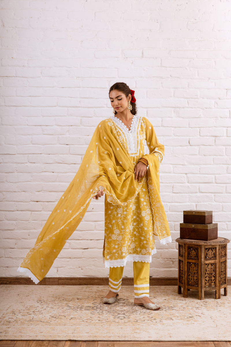 Zoori Mustard Yellow Kota Doriya Embroidery Set