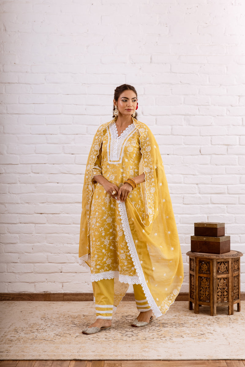 Zoori Mustard Yellow Kota Doriya Embroidery Set