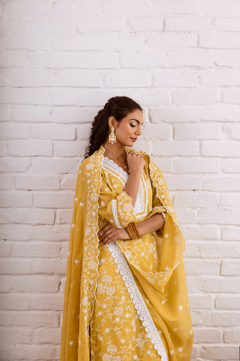 Zoori Mustard Yellow Kota Doriya Embroidery Set