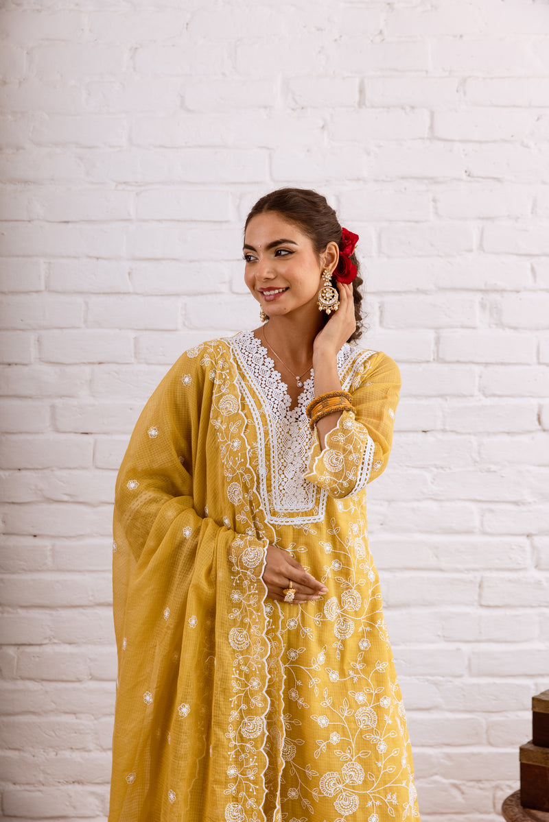 Zoori Mustard Yellow Kota Doriya Embroidery Set