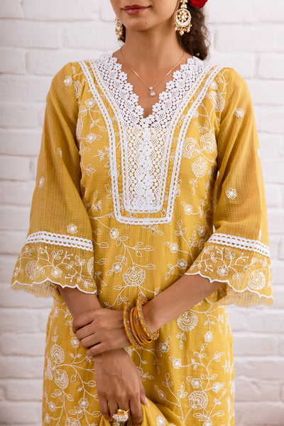 Zoori Mustard Yellow Kota Doriya Embroidery Set