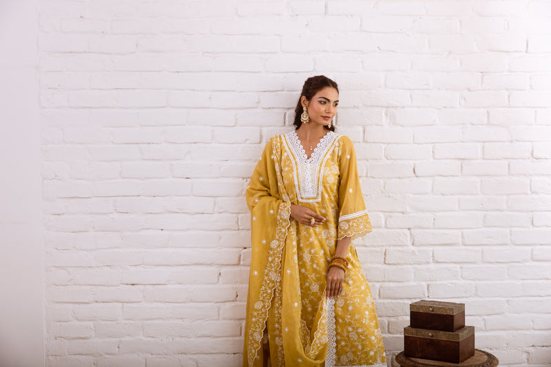 Zoori Mustard Yellow Kota Doriya Embroidery Set