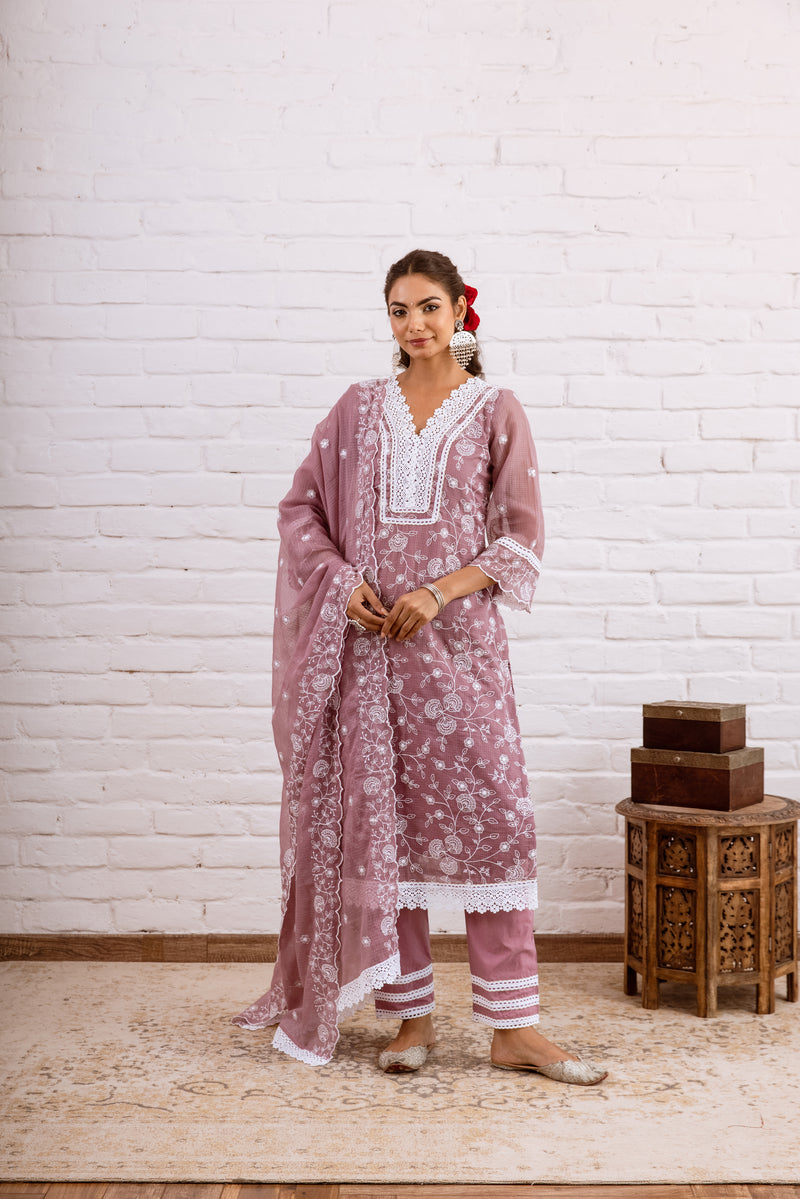 Zoori Mauve Kota Doriya Embroidery Set