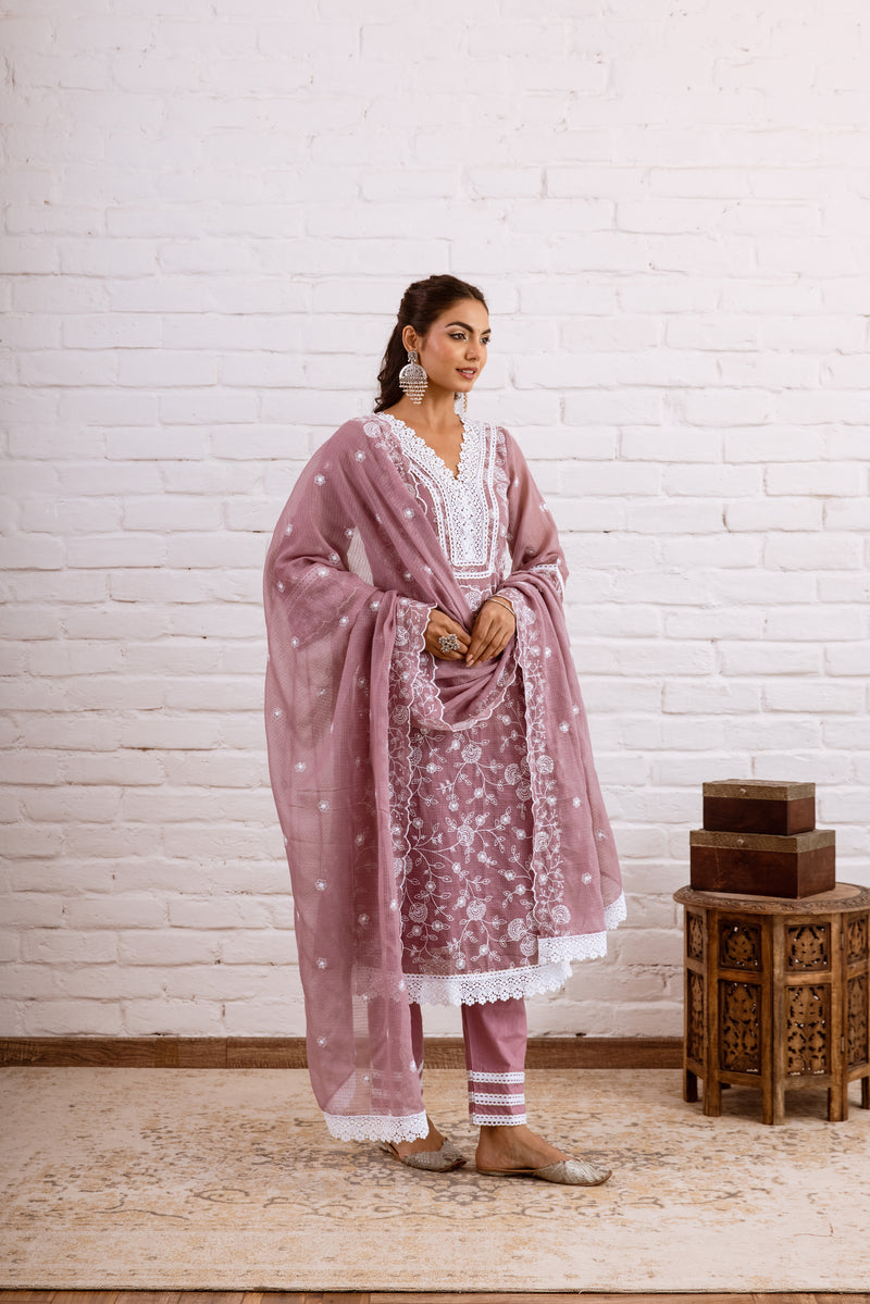 Zoori Mauve Kota Doriya Embroidery Set