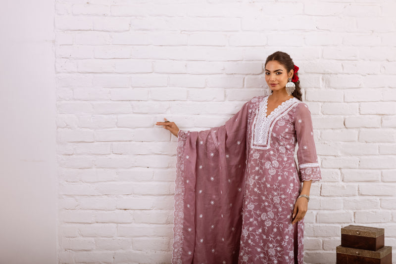 Zoori Mauve Kota Doriya Embroidery Set