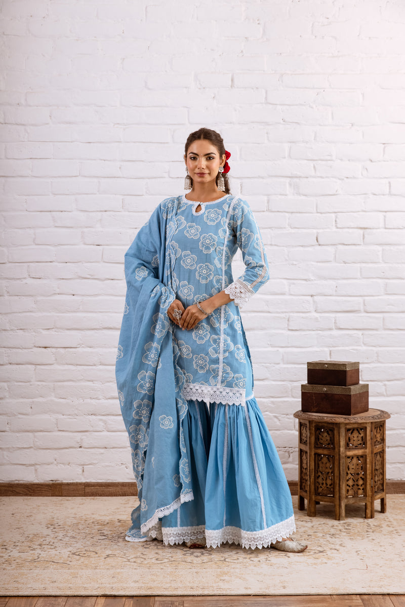 Zoori Turquoise Embroidery Gharara Set