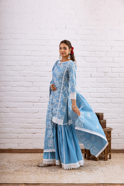 Zoori Turquoise Embroidery Gharara Set