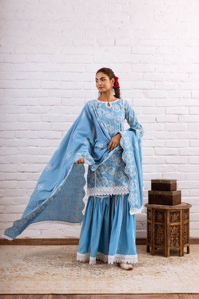 Zoori Turquoise Embroidery Gharara Set