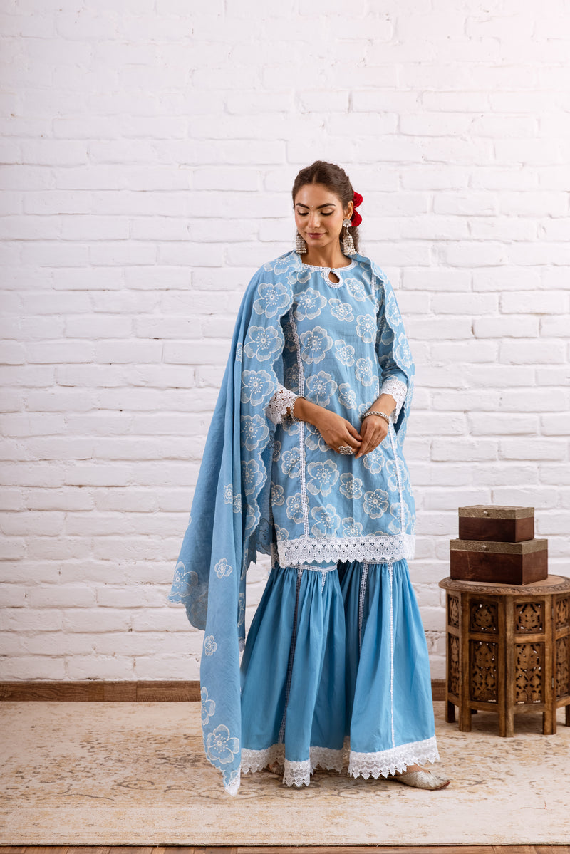 Zoori Turquoise Embroidery Gharara Set