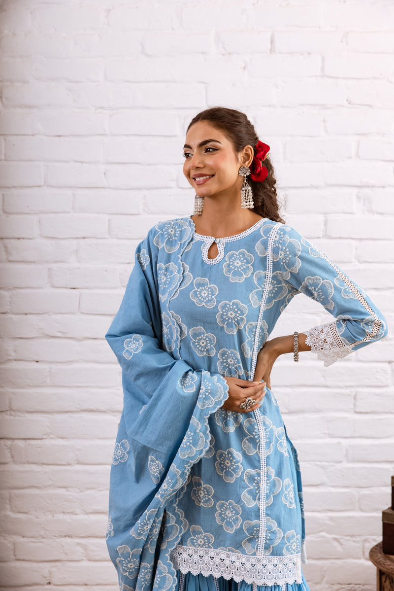 Zoori Turquoise Embroidery Gharara Set