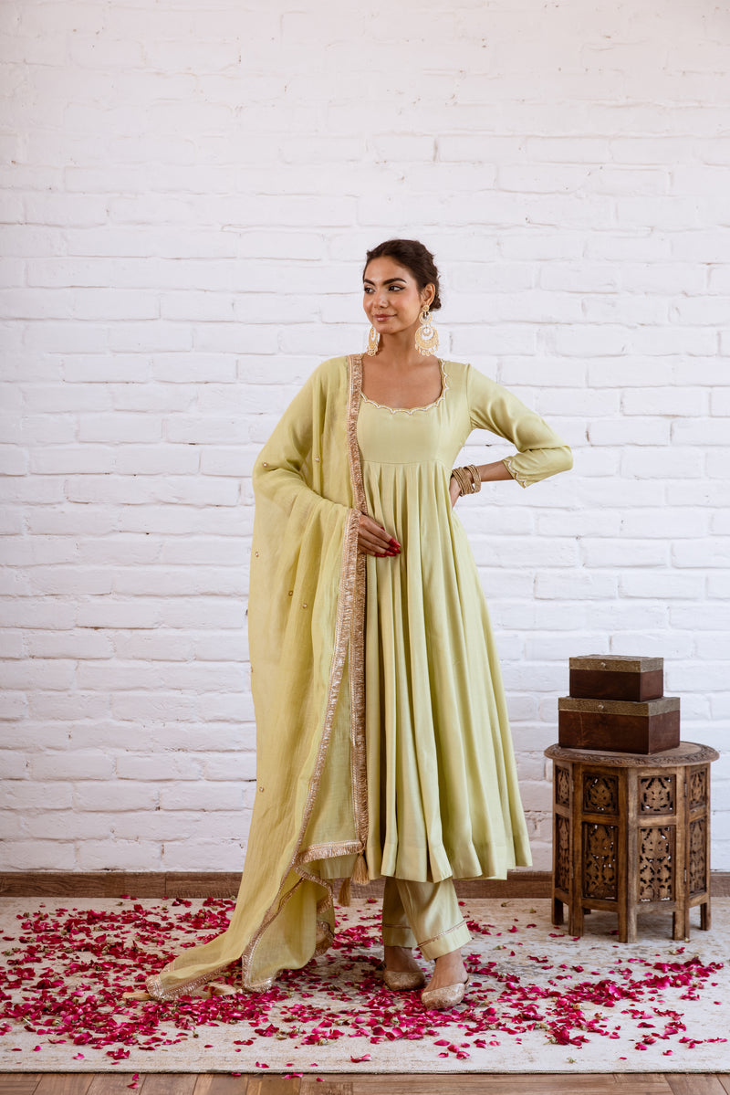 Noorani Pista Green Solid Anarkali Set