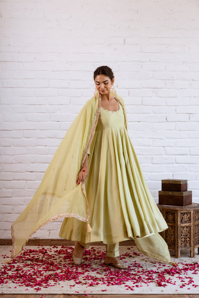 Noorani Pista Green Solid Anarkali Set