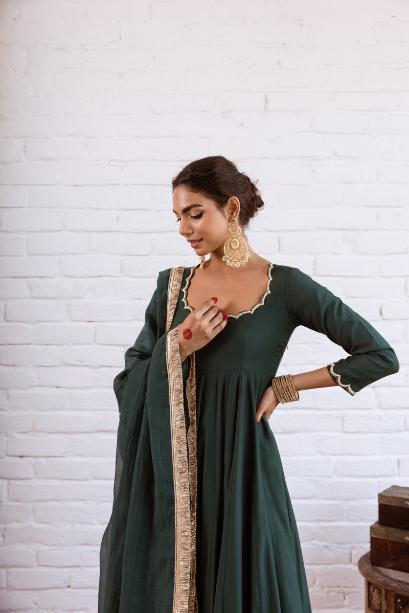 emerald green silk festive tiered anarkali dress Phillauri Emerald Green Tiered Anarkali With Chooridar And Dupatta