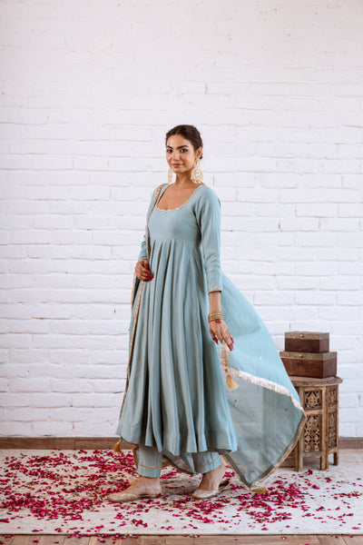 Noorani Turquoise Solid Anarkali Set