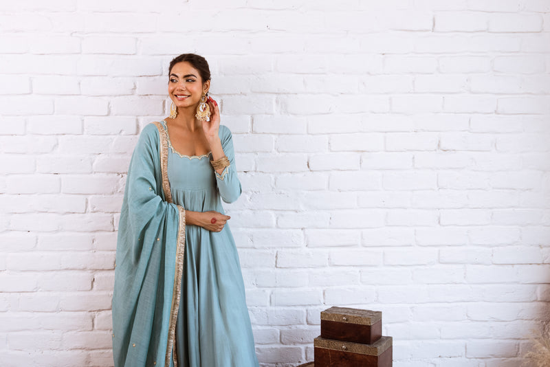 Noorani Turquoise Solid Anarkali Set