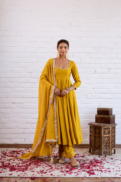 Noorani Mustard Solid Anarkali Set