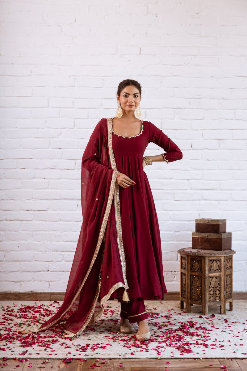 Noorani Maroon Solid Anarkali Set