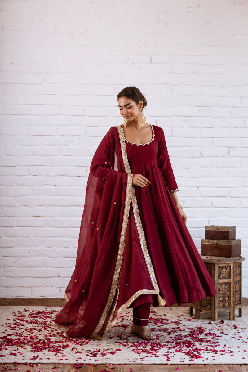 Noorani Maroon Solid Anarkali Set