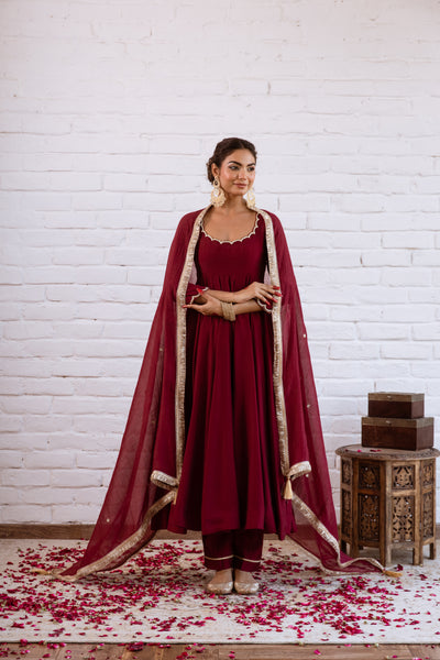 Noorani Maroon Solid Anarkali Set