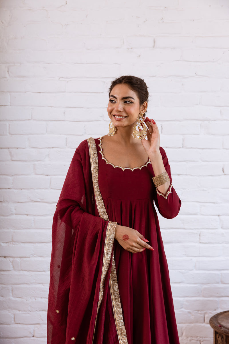 Noorani Maroon Solid Anarkali Set